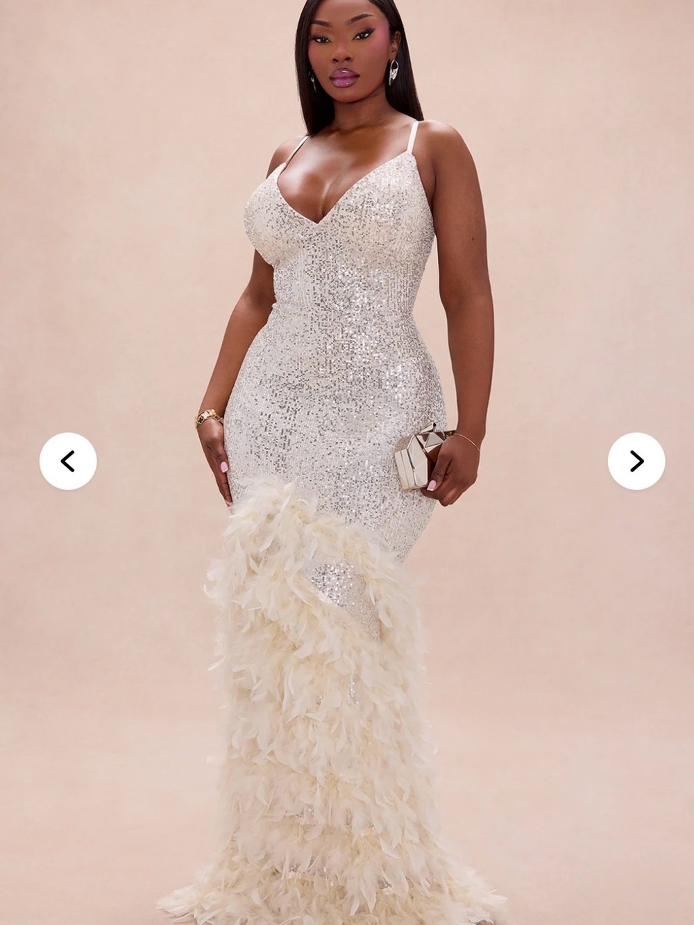 Fashion Nova Ivory Sequin Feather-Trim Maxi Gown